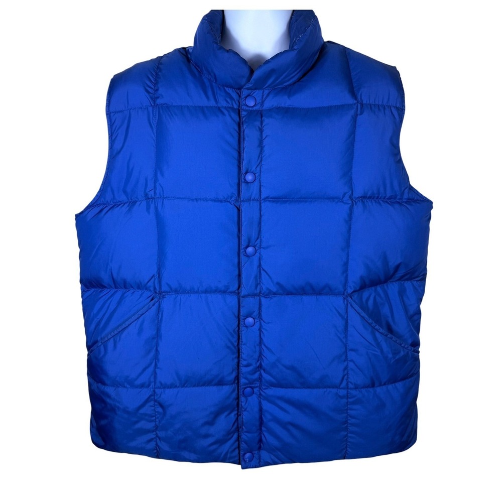 Lands End Mens Blue Goose Down Puffer Vest Large 42-44 Quilted Nylon Snap Front